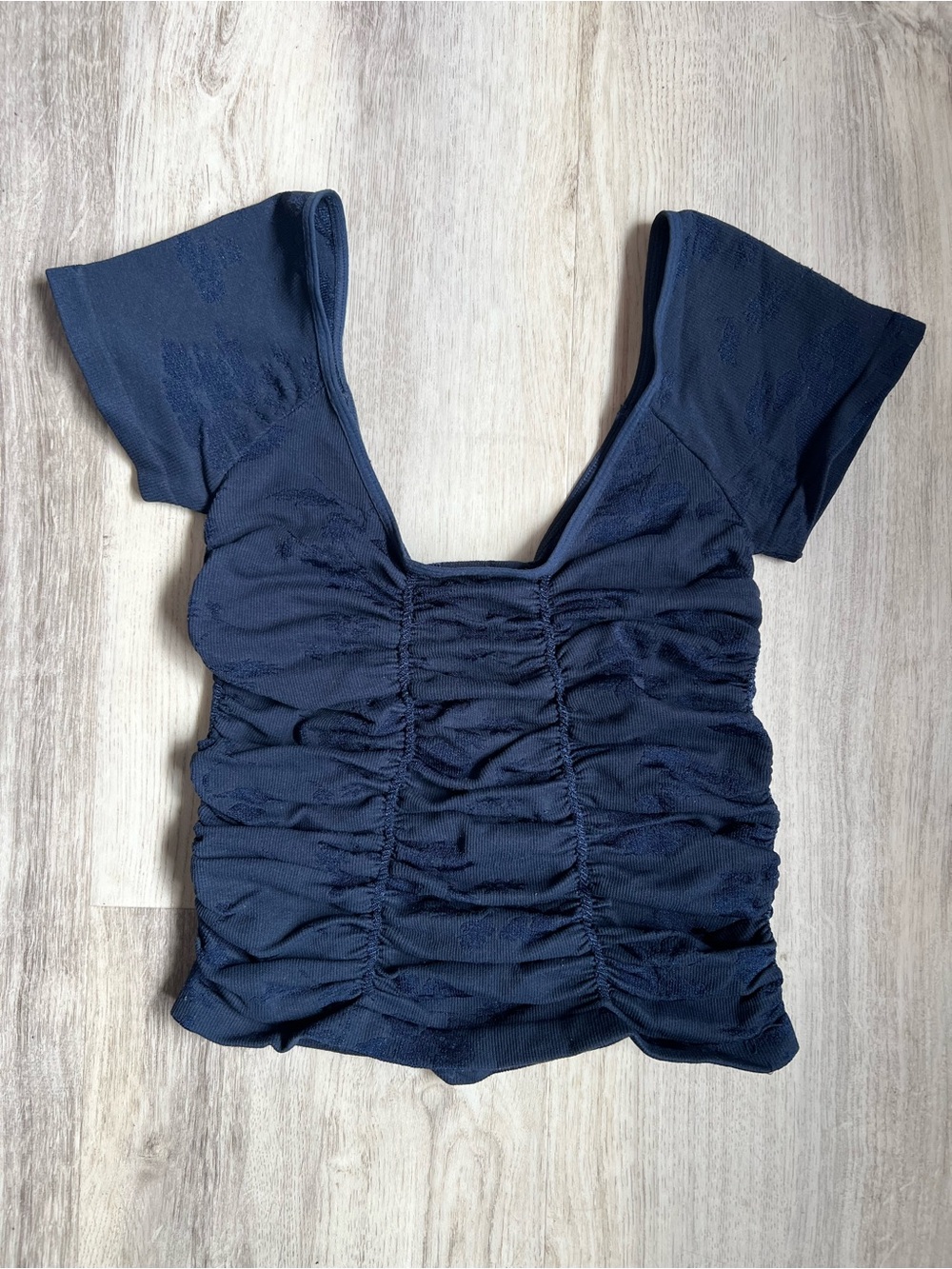 Free People Navy Ruched Square-Neck Short Sleeve Top